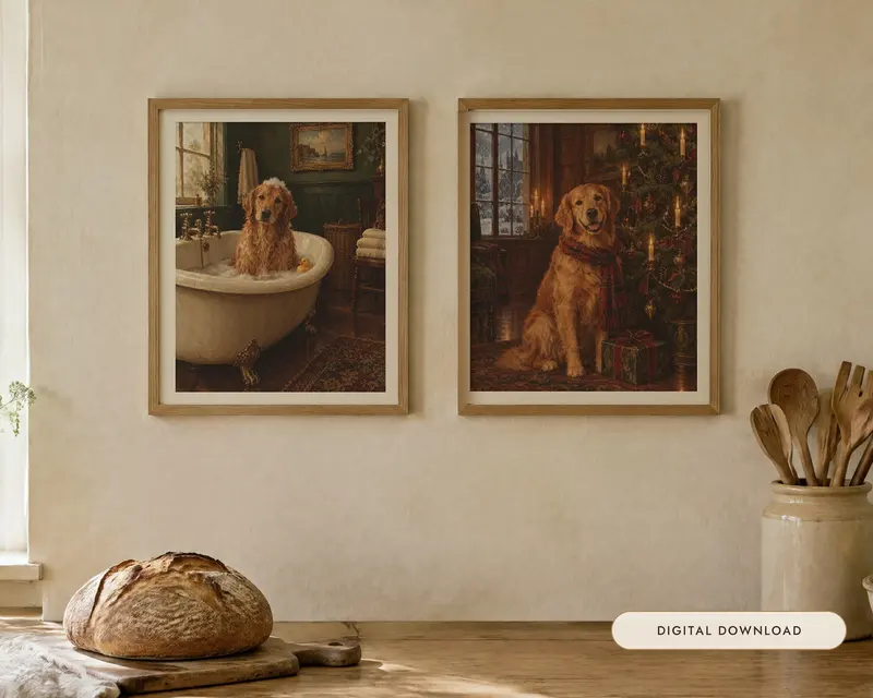 Golden Retriever Gift Set of 2 Prints, Bathroom and Christmas, shown in a room