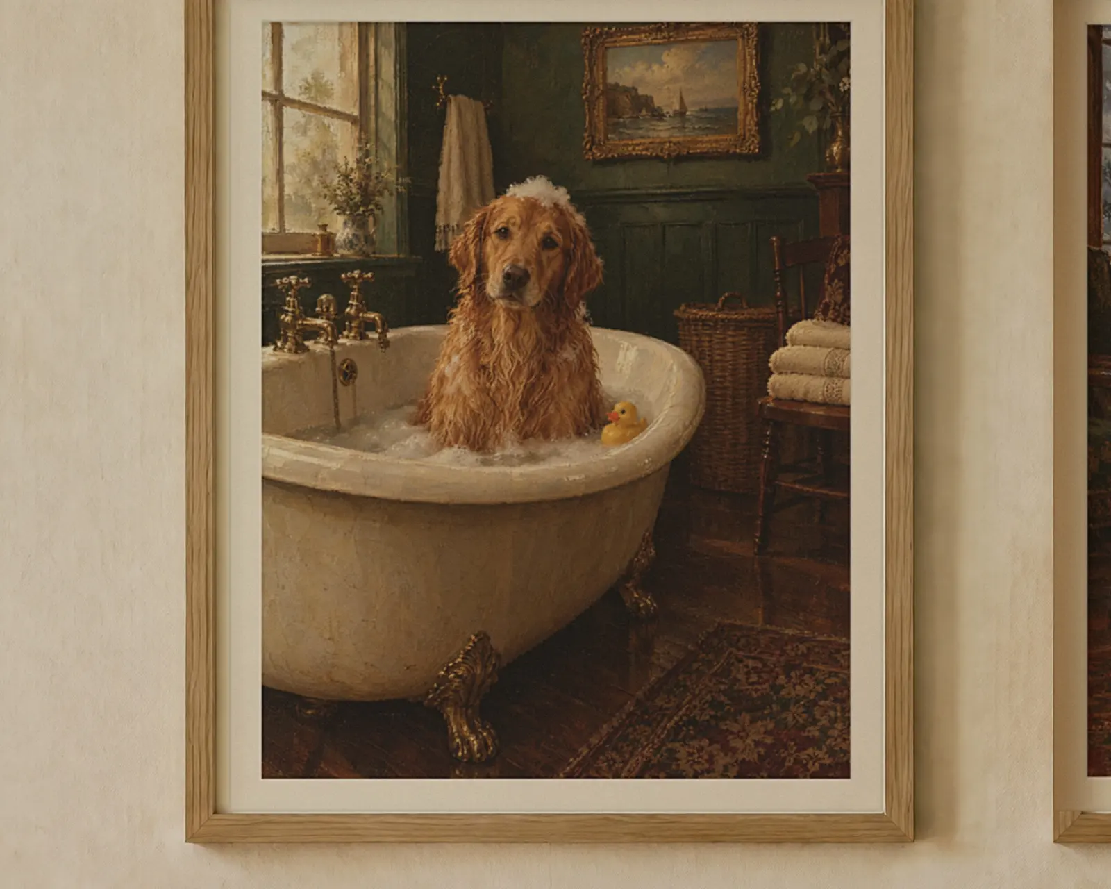 Golden Retriever Gift Set of 2 Prints, Bathroom and Christmas, shown in a second room