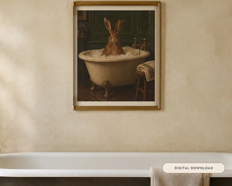 Hare in the Bath Print, shown in a room
