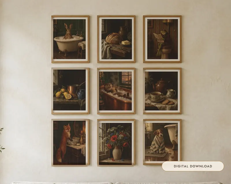Kitchen and Bath Wall Art Bundle of 12, shown in a room