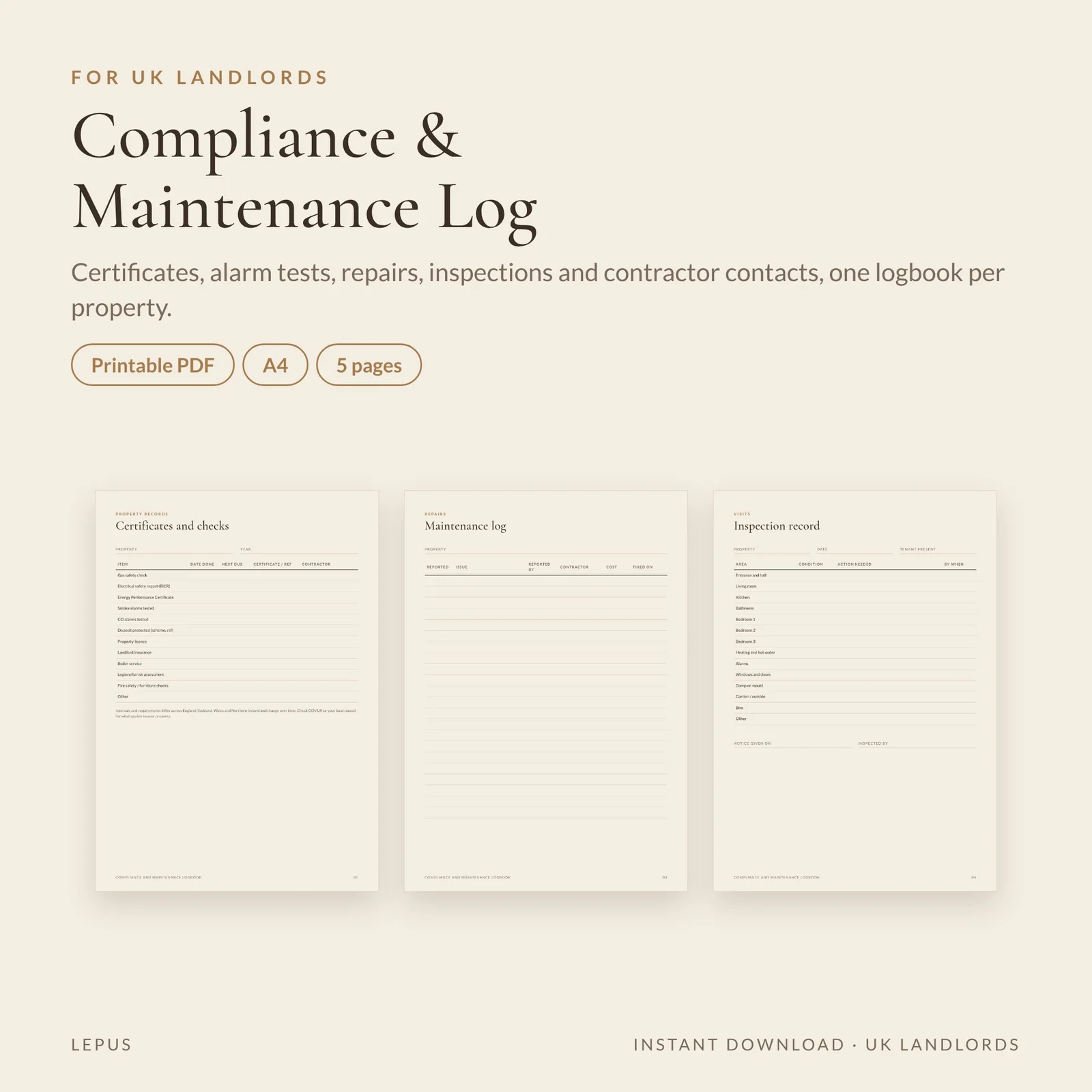 Compliance and Maintenance Logbook, template preview