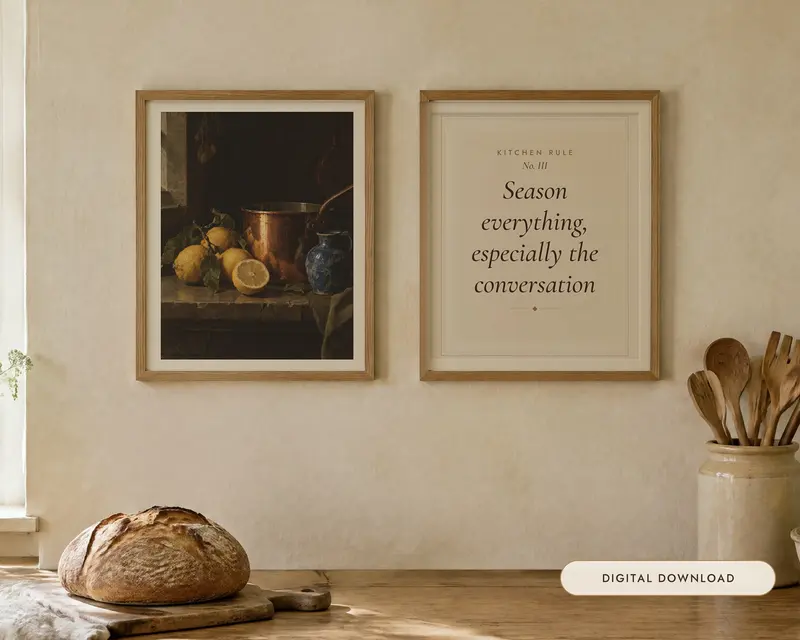 Lemons and Copper Kitchen Print Set of 2, shown in a room