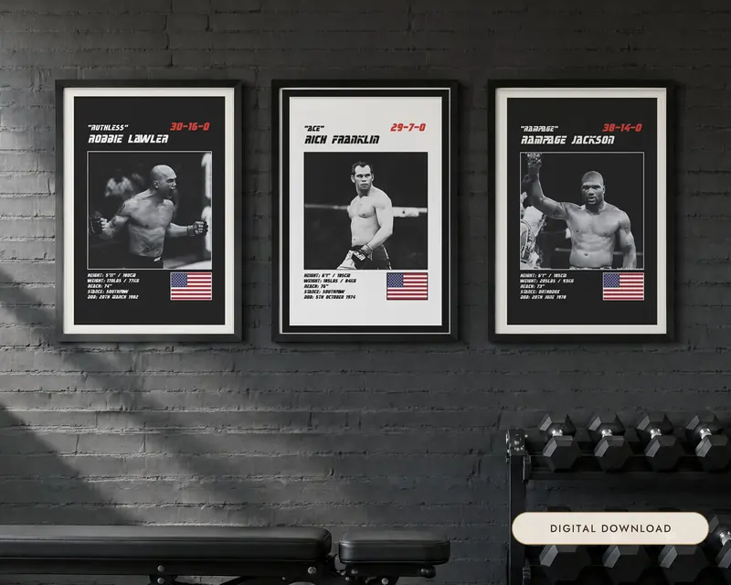 MMA Poster Set of 3, shown in a room