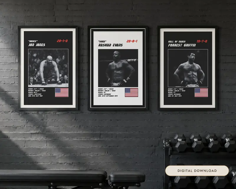 MMA Poster Set of 5, shown in a room