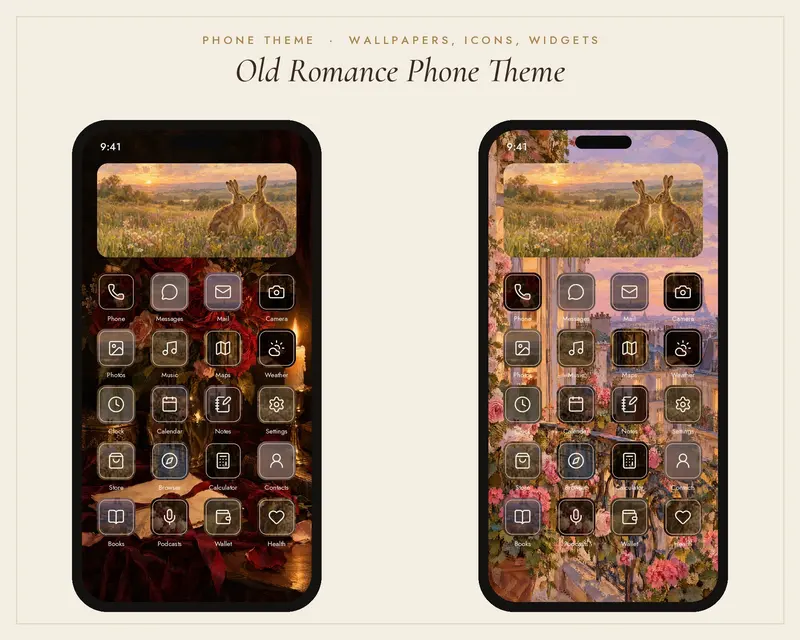 Old Romance Phone Theme, App Icons, Widgets and Wallpapers, shown in a room