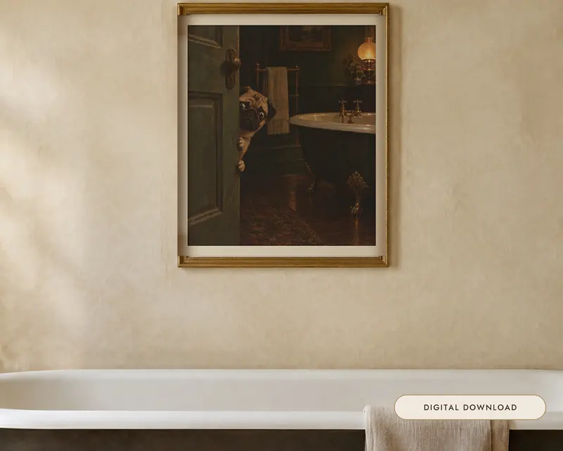 Pug Bathroom Wall Art, shown in a room