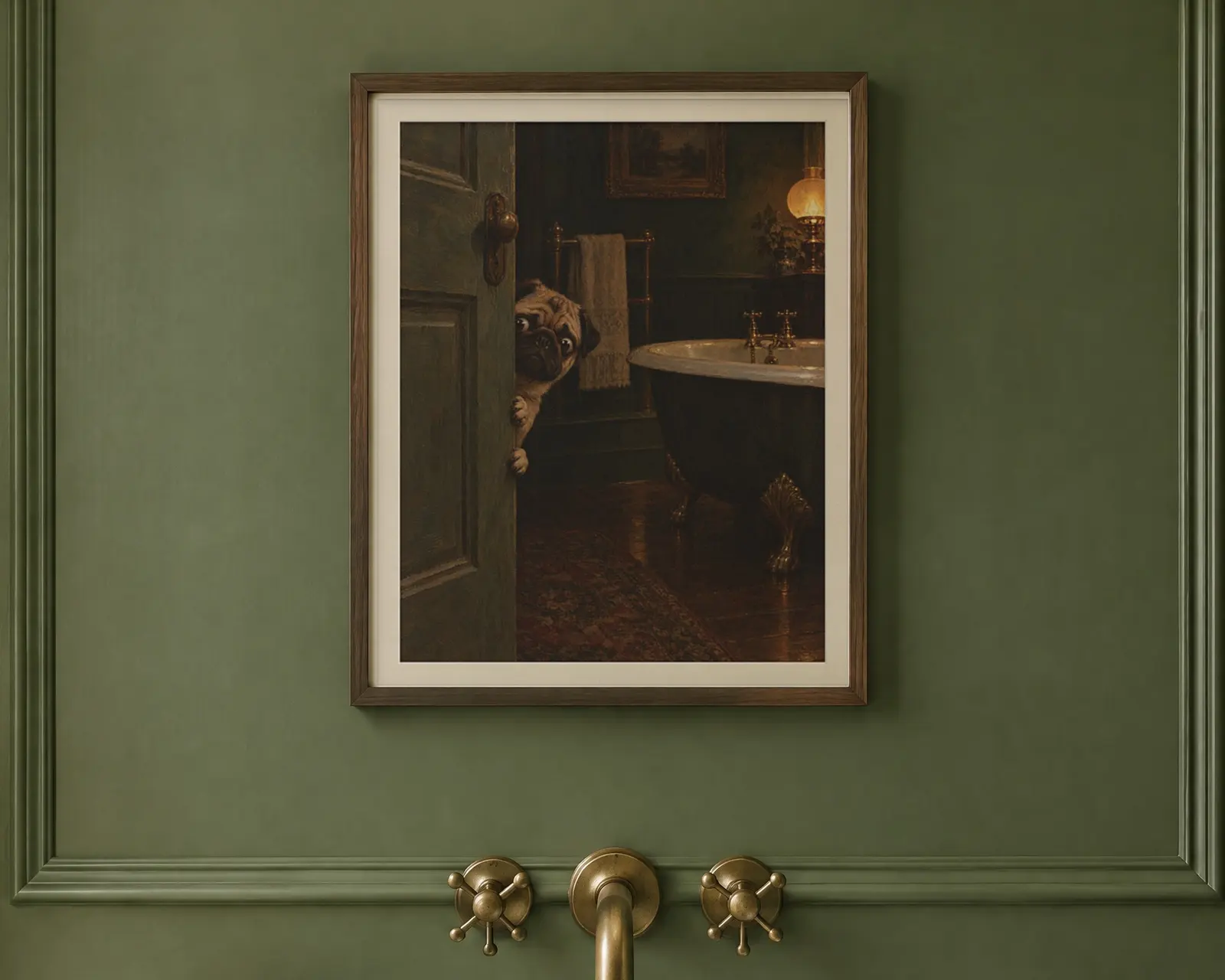 Pug Bathroom Wall Art, shown in a second room