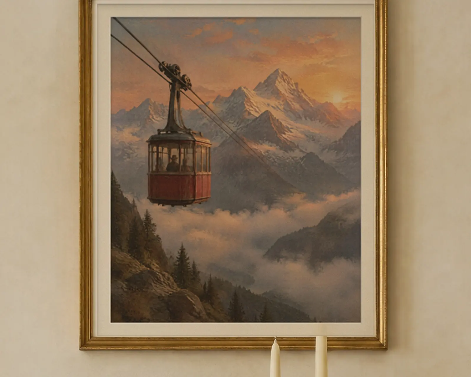 Red Cable Car Print, shown in a second room