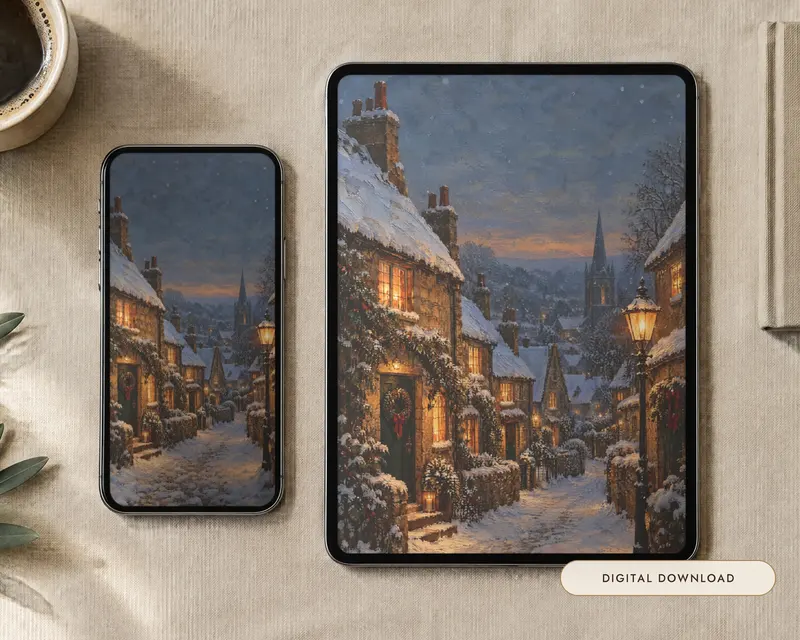 Snowy Village Wallpaper, shown in a room