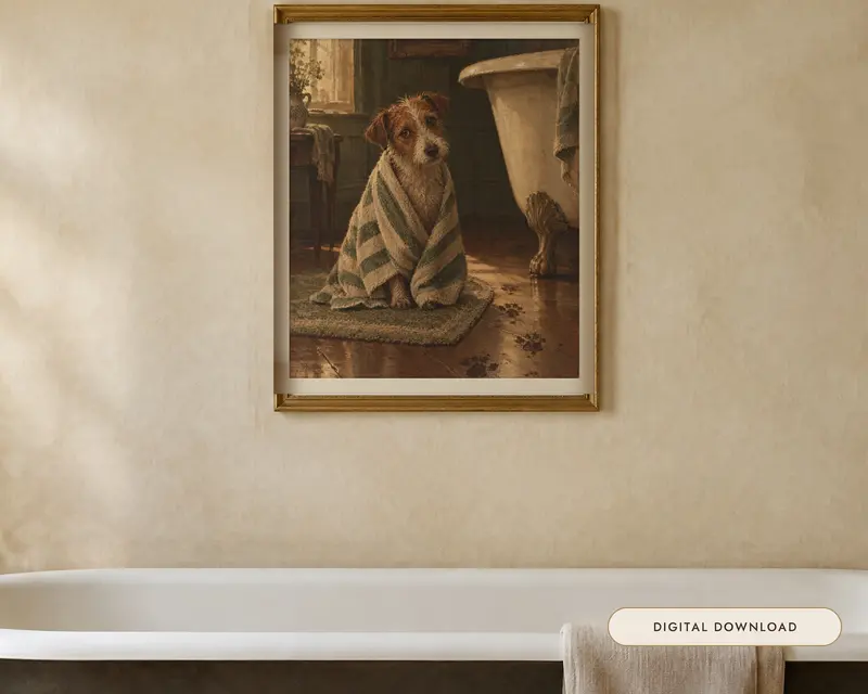 Terrier in a Towel Print, shown in a room