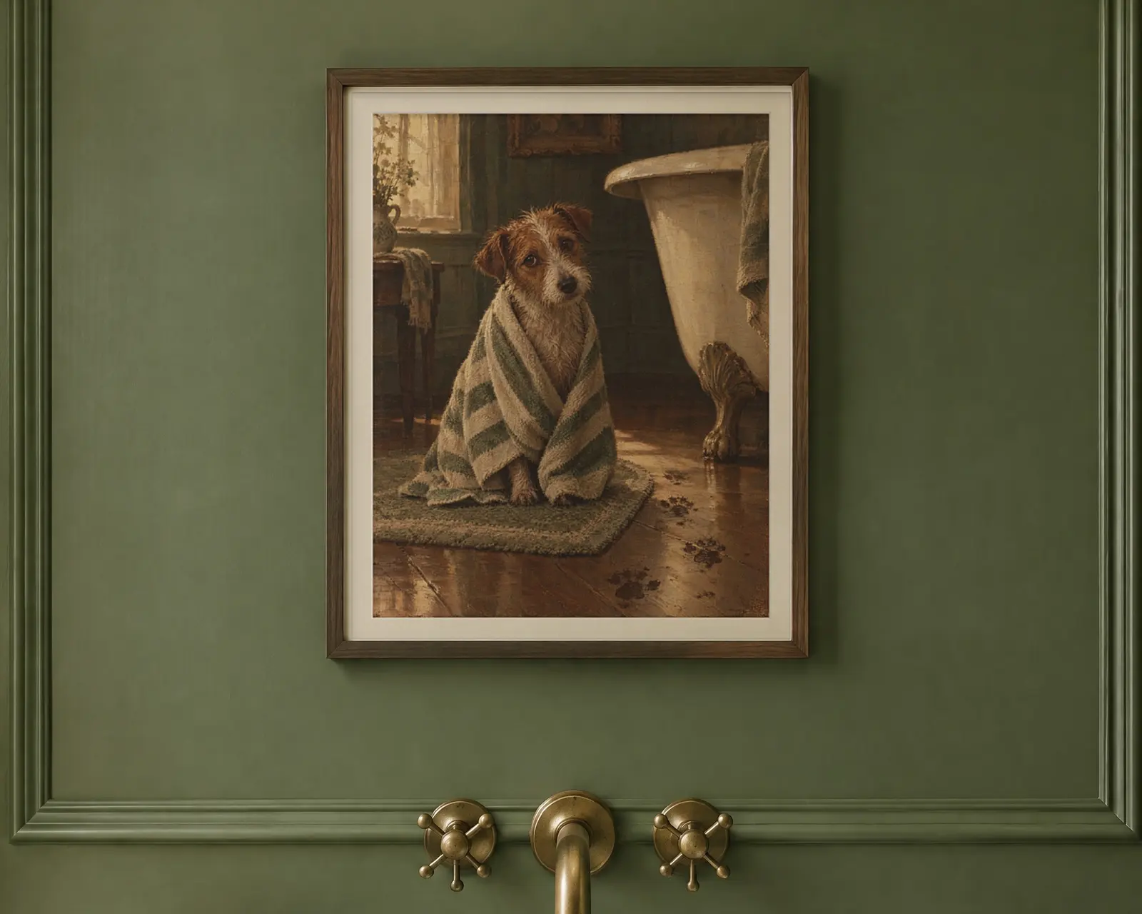 Terrier in a Towel Print, shown in a second room