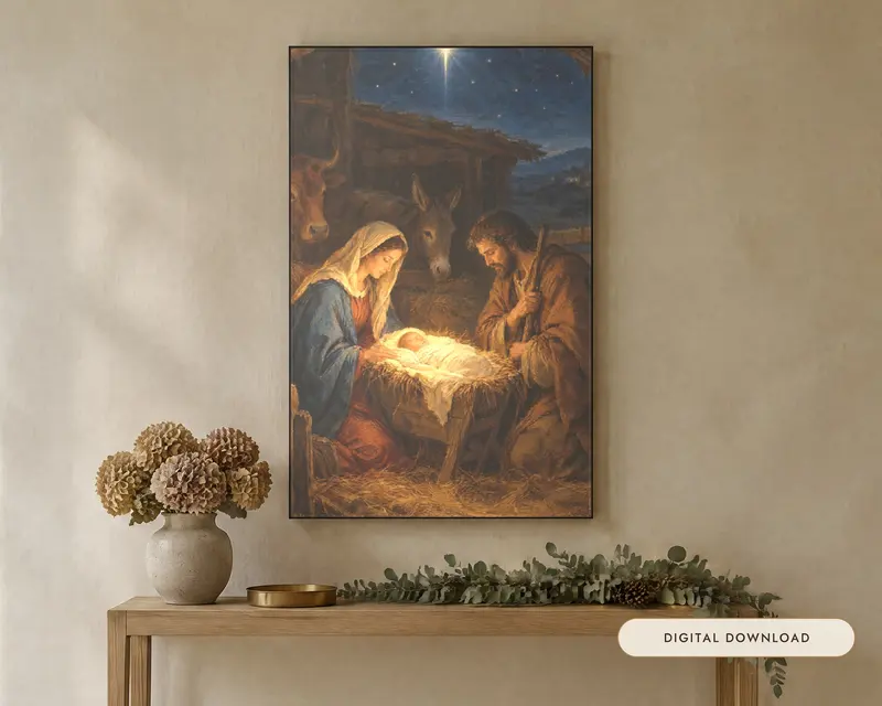 Vertical Nativity Christmas Set of 4, shown in a room