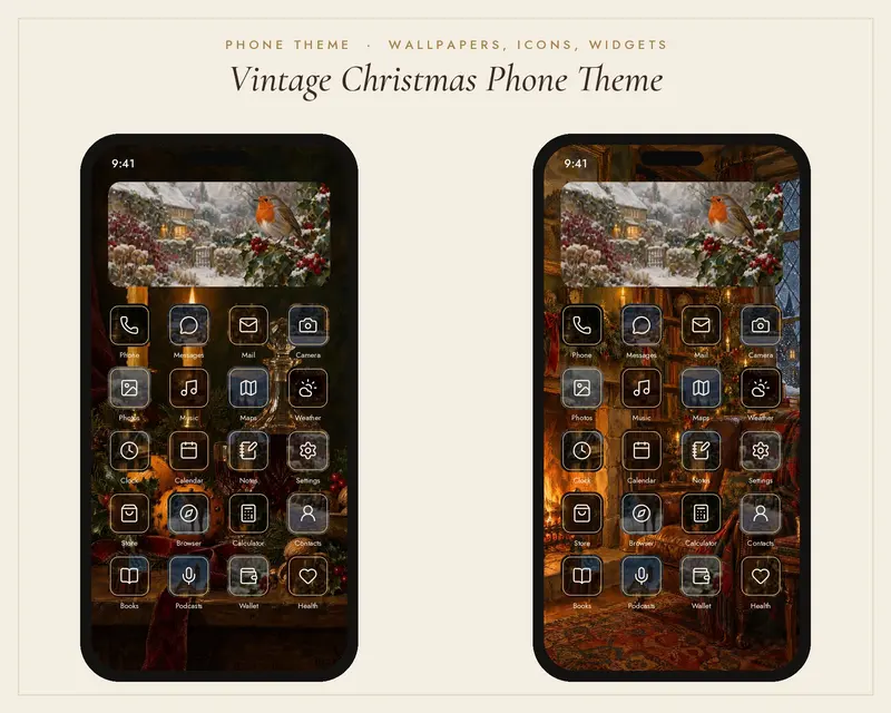 Vintage Christmas Phone Theme, App Icons, Widgets and Wallpapers, shown in a room