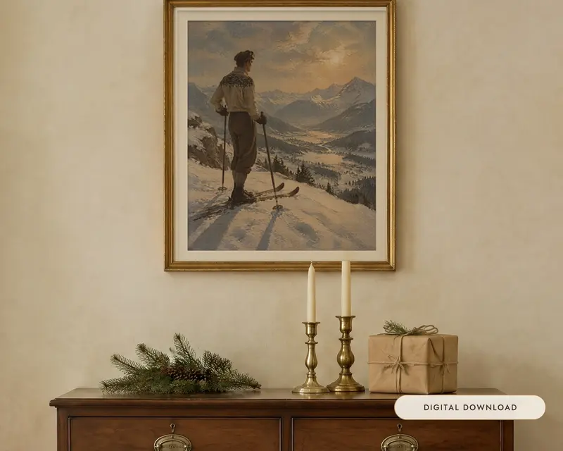 Vintage Skier Print, Apres Ski Oil Painting, shown in a room