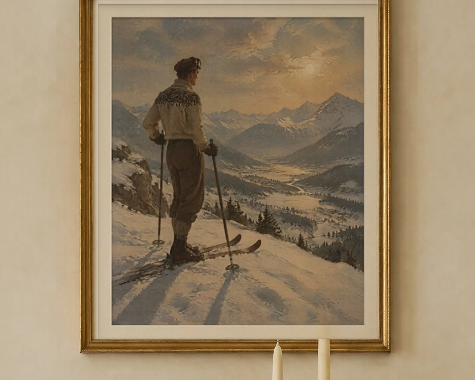 Vintage Skier Print, Apres Ski Oil Painting, shown in a second room