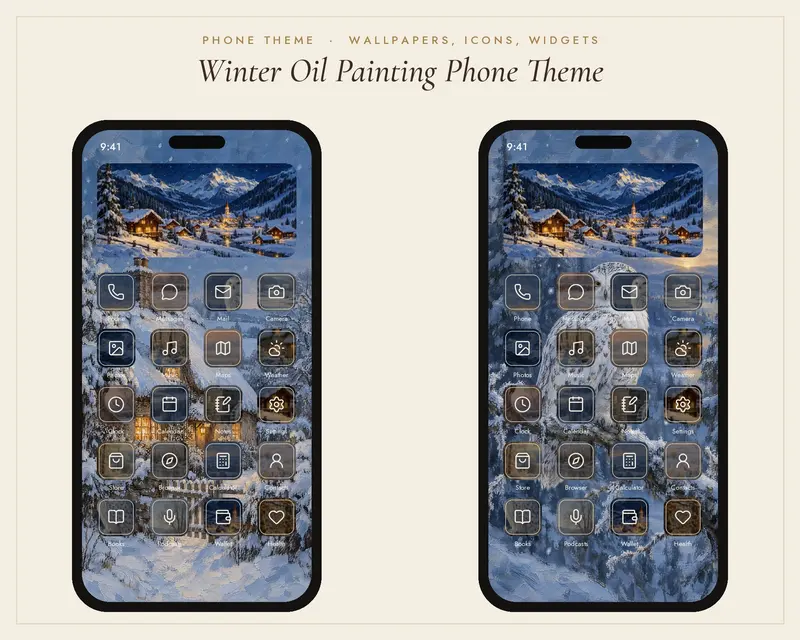 Winter Phone Theme, App Icons, Widgets and Wallpapers, shown in a room