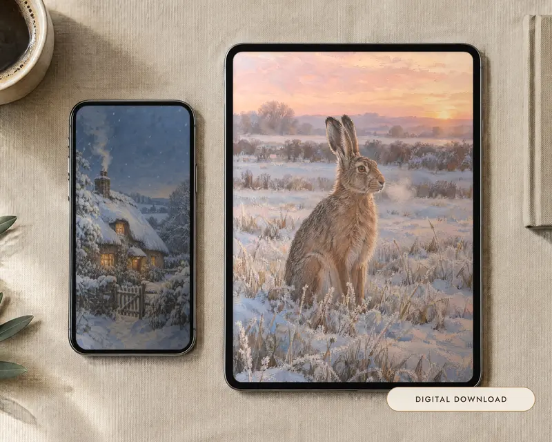 Winter Wallpaper Bundle, 7 Oil Paintings, shown in a room