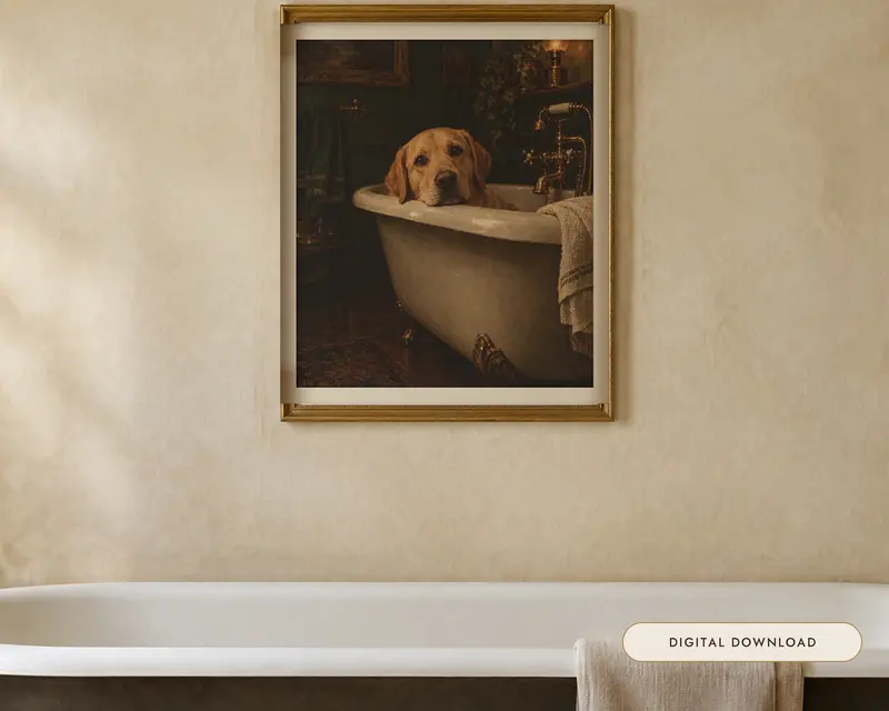 Yellow Labrador Bathroom Wall Art, shown in a room