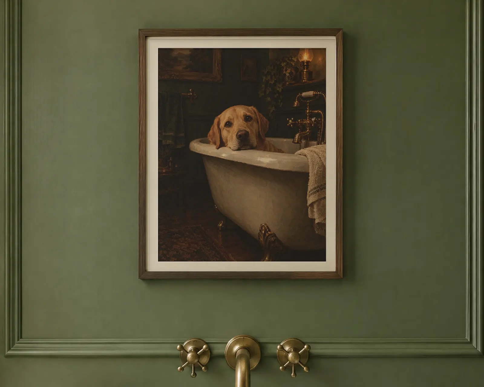 Yellow Labrador Bathroom Wall Art, shown in a second room